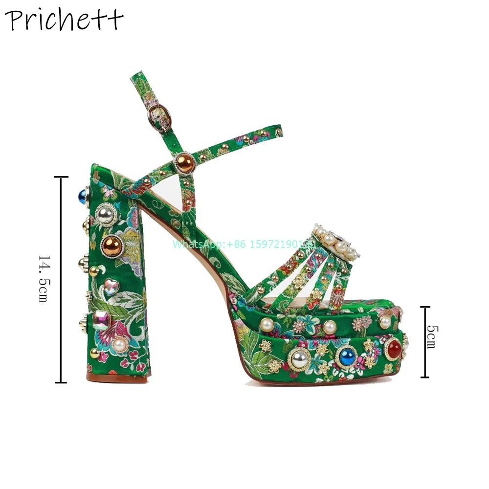 Retro Gorgeous Palace Style Sandals Rhinestone Pearl Flower Round Toe Chunky Heels Platform Shoes Ladies Vocation Luxury Shoes