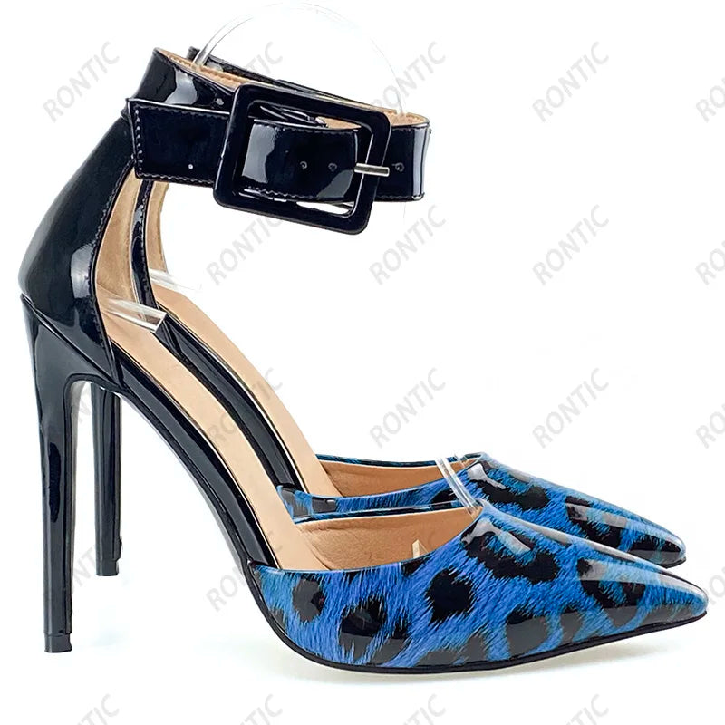 Rontic Handmade Women Leopard Pumps Sexy Stiletto Heels Pointed Toe Gorgeous Red Blue Grey Brown Dress Shoes US Size 5-15