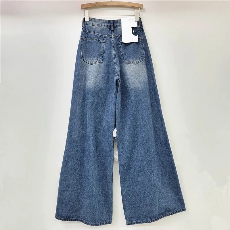 WTHT Vintage Fashion Women's Spliced Mesh Edge Wide Leg Jeans 2024 Winter High Waist Loose Denim Pants Female 1LS430