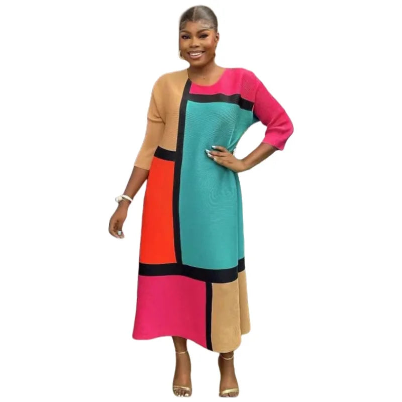 Fashion plus size foreign trade round neck color blocked loose elastic summer women's dress