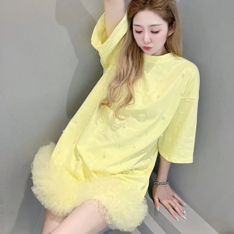 Mesh Spliced Ruffles Pearls Beaded T-Shirt Dress Loose Medium Length Yellow Gauze Pleated Tees Net Yarn Jumpers Tops Vestidos