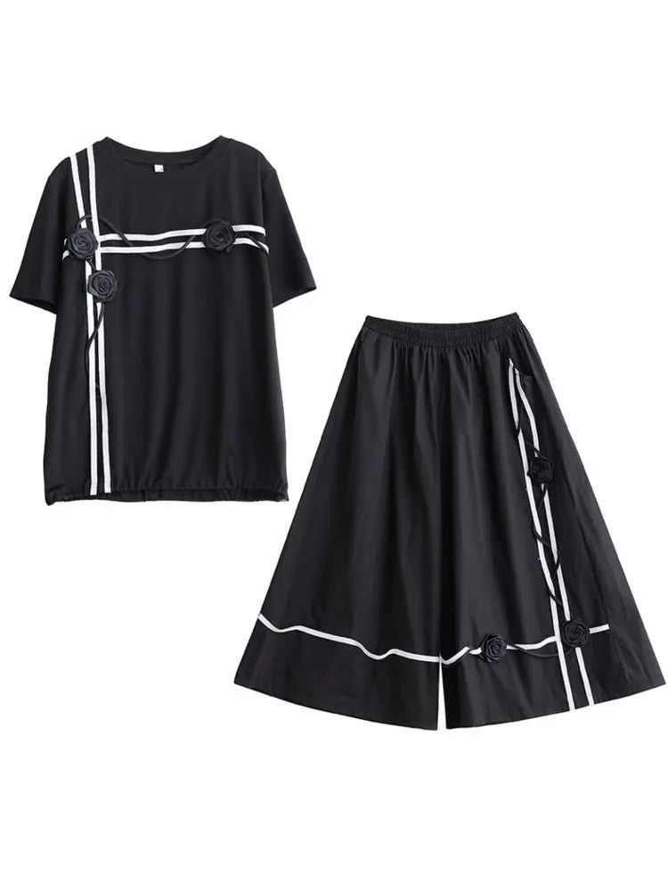 Oversized Summer Flower 2 Two Piece Set Women Print Short Sleeve Fashion Ladies Blouses Loose Ruffle Pleated Woman Wide Leg Pant