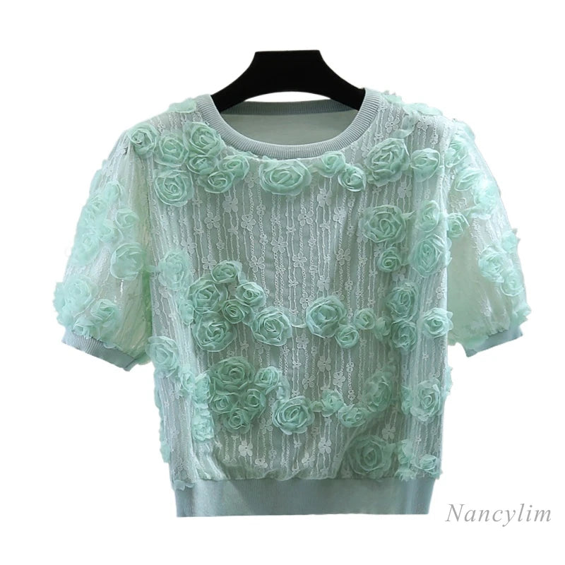 Heavy Industry Flower Mesh Splicing Ice Silk T-Shirt Women Summer Korean Lace Embroidered Crew Neck Short Sleeve Knitted Top