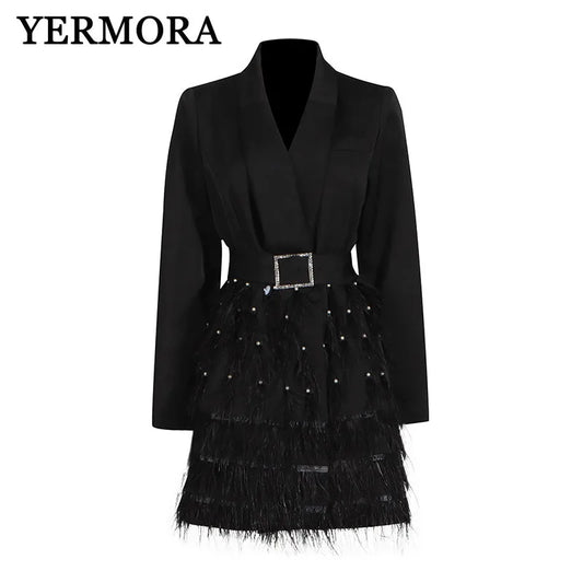 YERMORA mesh spliced tassel belter blazer dress for women lapel long sleeve fashion tide loose fit spring autumn 2025 new A161