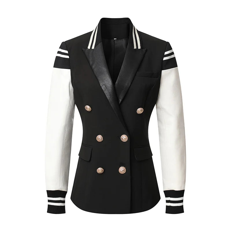 Autumn Chic Leather Collar Spliced Double Breasted Blazer Women Lapel Suits Plus Size Coats Black Blazers British Jackets Slim