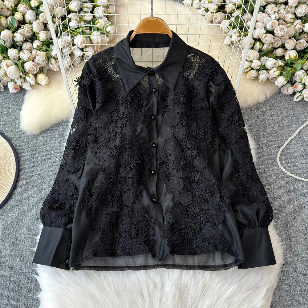 TWOTWINSTYLE Spliced Lace Chic Shirts For Women Lapel Long Sleeve Patchwork Single Breasted Minimalist Blouse Female KBL518109