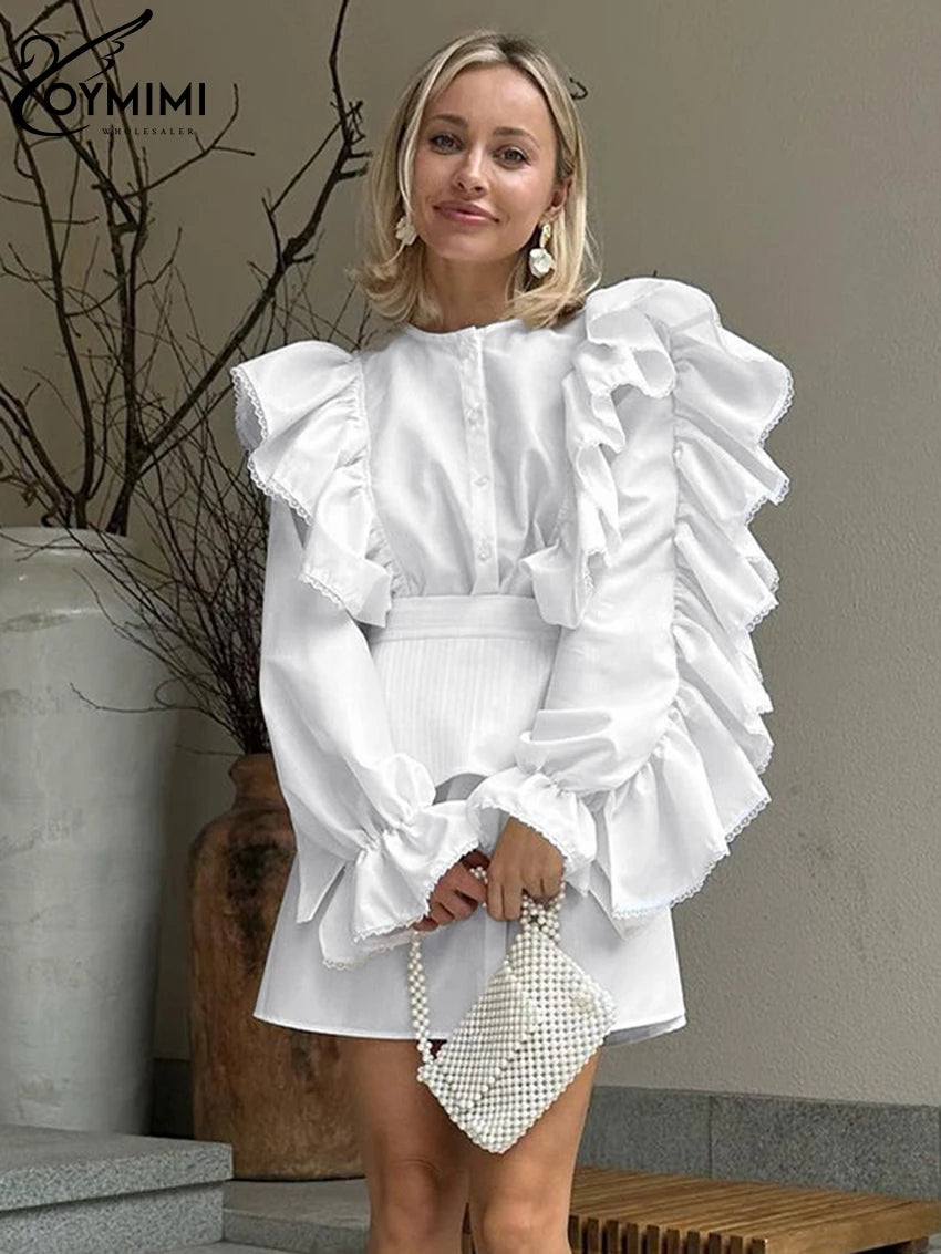 Oymimi Fashion Loose White Cotton 2 Piece Sets Women Outfit Elegant Ruffle Long Sleeve Girdle Single Breasted Mini Dress Set