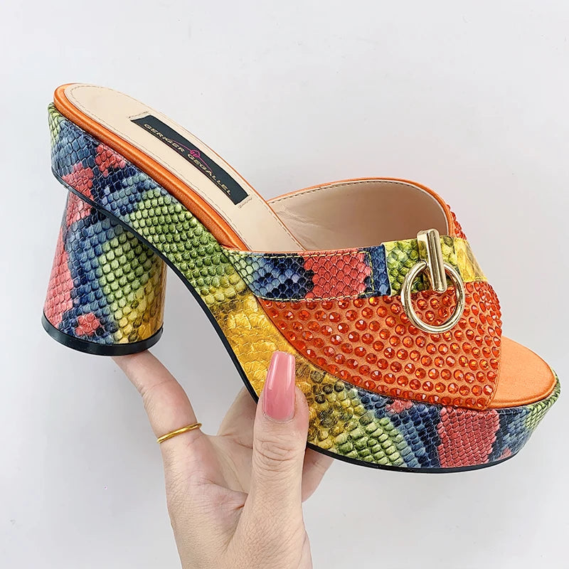 Fashionable Top Italian Designers 2023 Luxury Round Toe  Bright Diamond Snake Print Summer Women's Shoes With High Heels