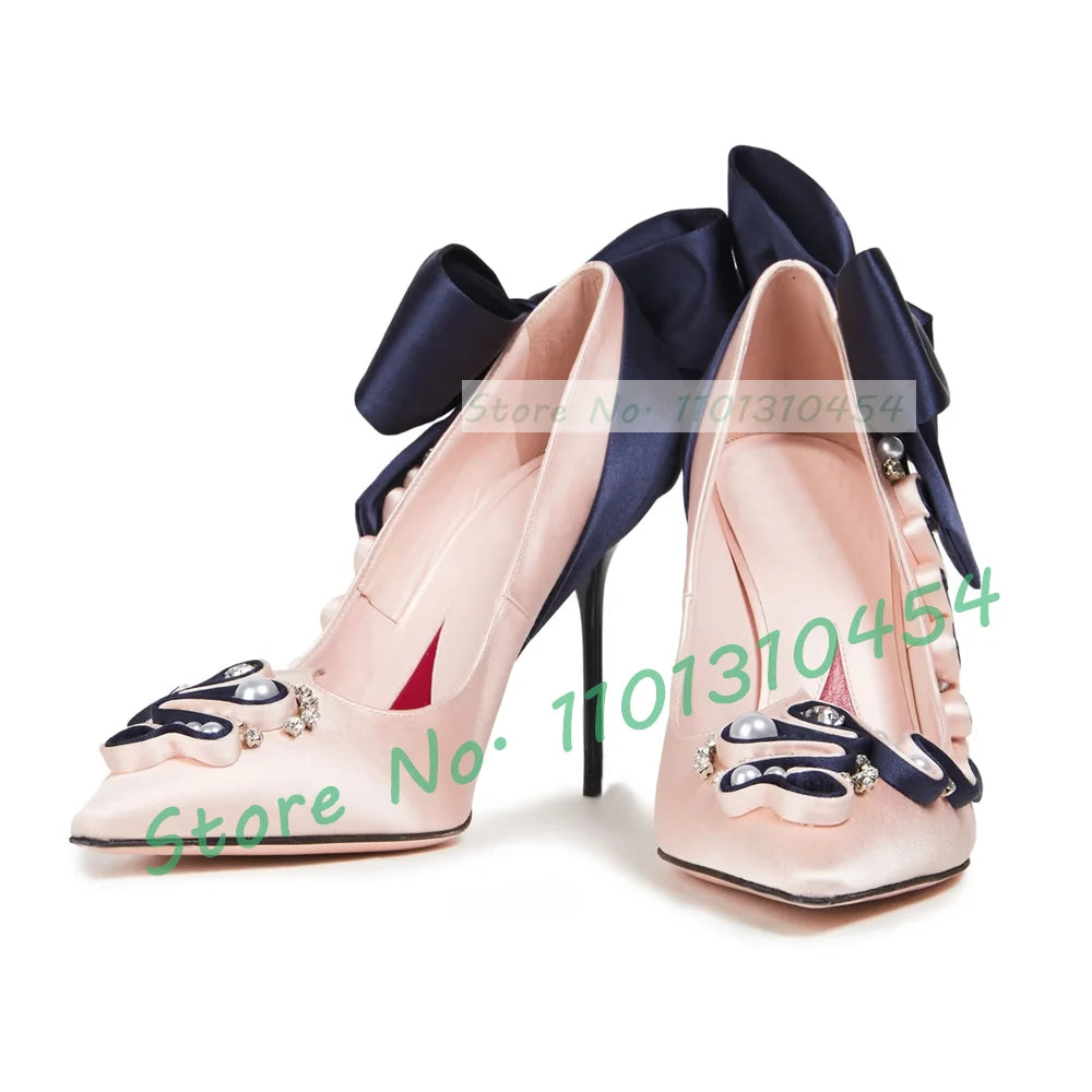 Bow-embellished Satin Pumps Women Pointy Toe Luxury Pearl Crystal Ruffle Decals Shoes Ladies Elegant Dreamy Summer Party Pumps