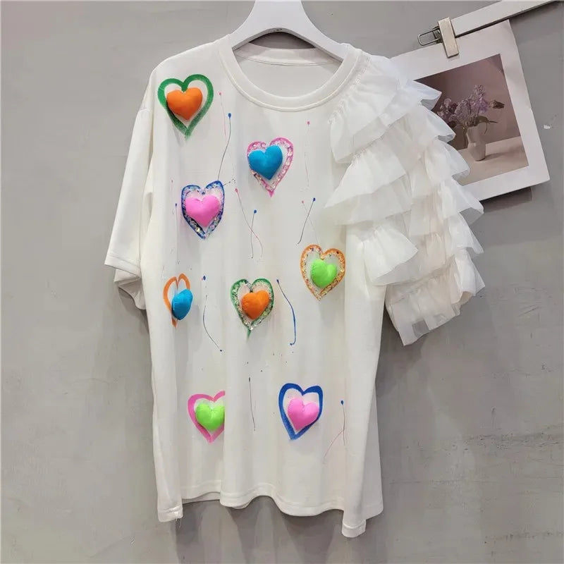 Luxury Women 3D Love Diamonds Beads T-shirts Ruffles Mesh Spliced Irregular Sleeve Tees Mid-Length Gauze Patchwork Jumpers Tops