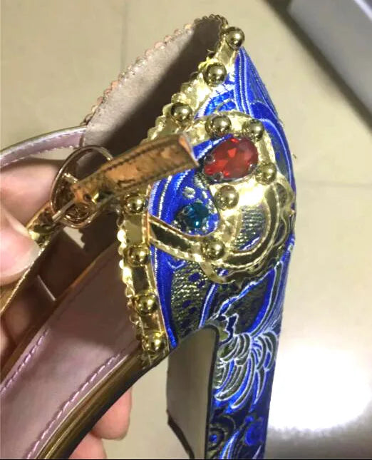 Luxury Multi Diamond Pearl Jeweled Pumps Blue Floral Jacquard T- Strap Chunky Heels Bling Golden toe  Mary Janes  Pumps Shoes