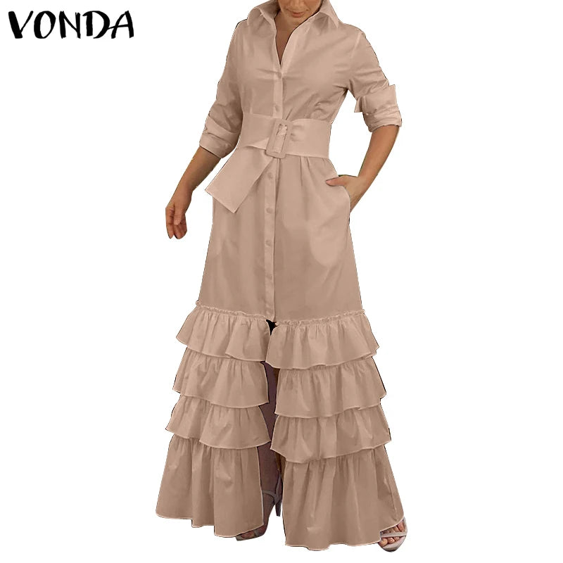 VONDA Autumn Elegant Shirt Dress 2023 Women Party Maxi Dresses Ladies Long Sleeve Solid Lapel Button Belted Elegant Long Vestido