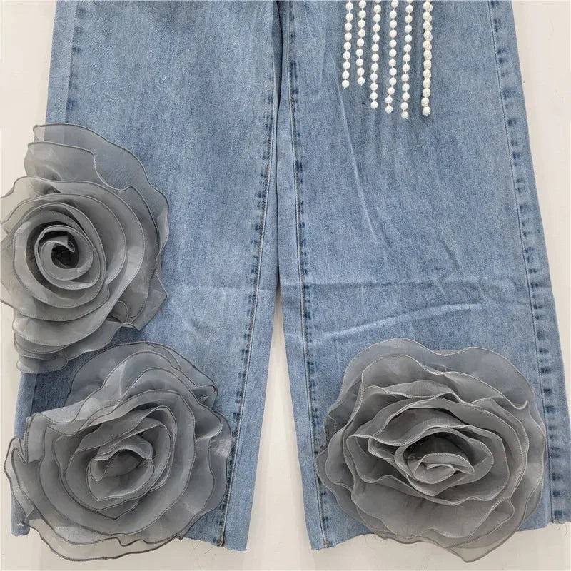 Woman 3D Mesh Flowers Spliced Beaded Fringed Jeans Straight Pearls Beaded Tassels Wide Legs Denim Pants Floral Cowboy Trousers