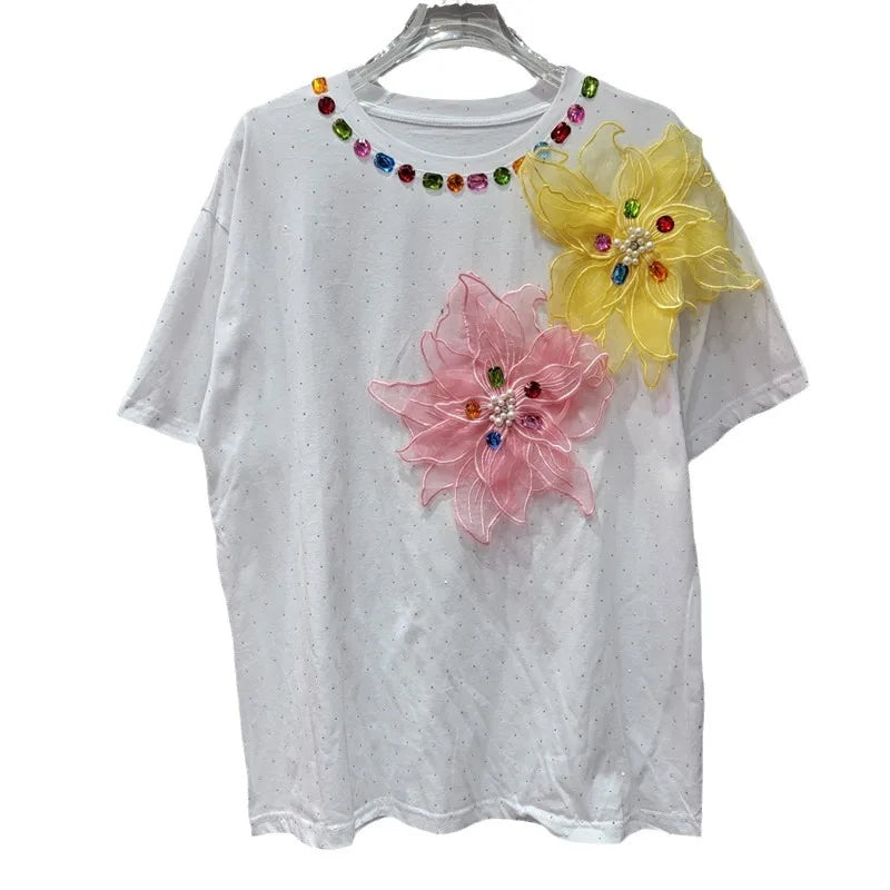 Women Hot Drilling Diamonds Beaded 3D Mesh Flowers Splicing T-shirts Rhinestones Sequined Tees Short Sleeved Jumpers Crop Tops