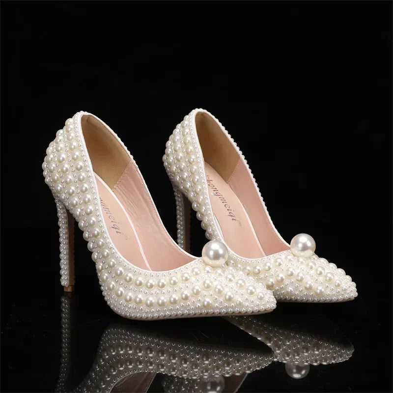 ALIDI SC New Pointed Pearl High Heels Women's Shoes with Fine Heels Wedding Dress Bridal Party Princess Shoes Size 35-43