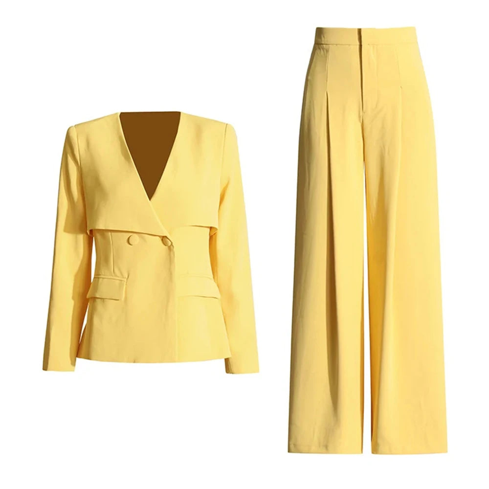 ROMISS Casual Two Piece Sets For Women V Neck Long Sleeve Spliced Button Blazers High Waist Wide Leg Pants Slimming Set Female