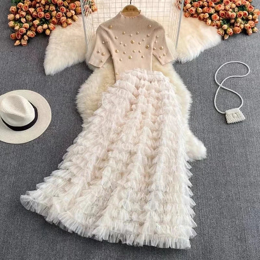 Runway Autumn Winter Two Piece Set Luxury Women Pearls Golden Button Knitted Sweater Tops + Mesh Ruffles Cake Long Skirt Suits