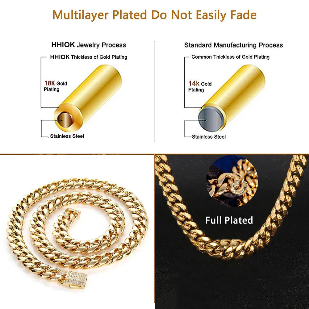 Gold Plated Mens Heavy Miami Cuban Link Chain Choker with Lab Diamond Clasp Stainless Steel Hip Hop Thick 10mm/12mm Necklace