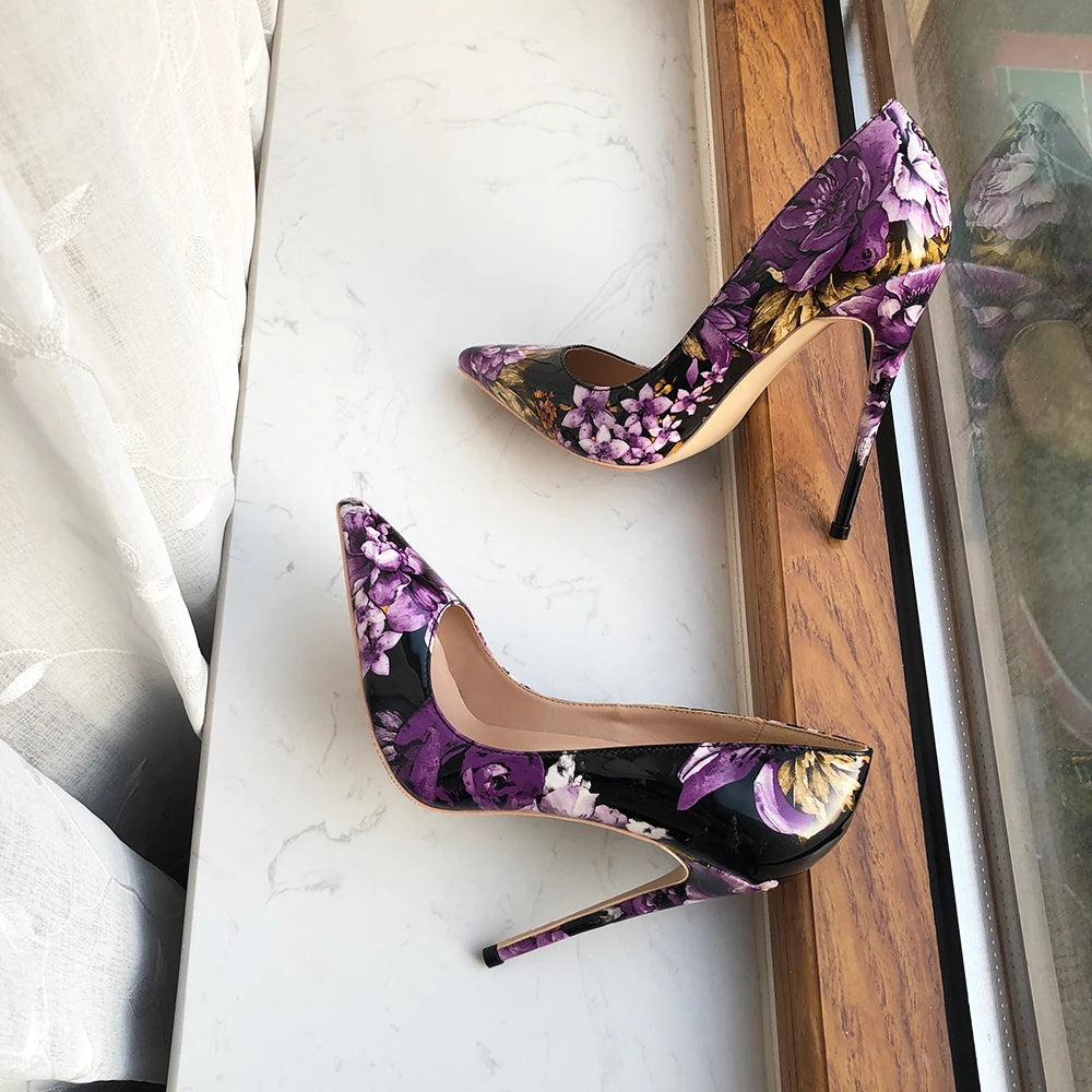 Tikicup Purple Flower Print Women Glossy Patent Pointy Toe 8-12cm High Heel Shoes Chic Floral Stiletto Pumps Large Size 43 44 45