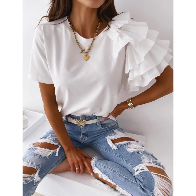 Elegant Mesh Ruffles Short Sleeves Loose T-Shirt Women's Casual O Neck Solid Basic Versatile Tops Chic Streetwear T-Shirt Blouse