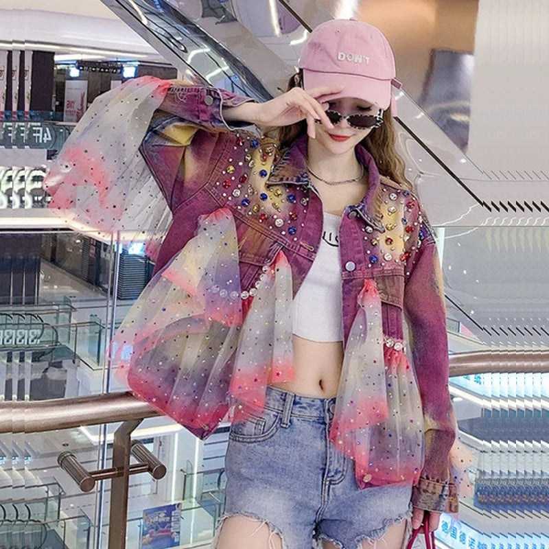 Spring New Women Mesh Patchwork Diamond Tie-dyed Hand-painted Graffiti Denim Jacket Streetwear Casual Long Sleeve Jeans Jackets