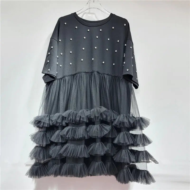 Original Design Elegant Diamonds Ball Gown Dress New Summer Cute Mesh Splicing Princess Top Age Reduction Mid-long T-shirt Dress