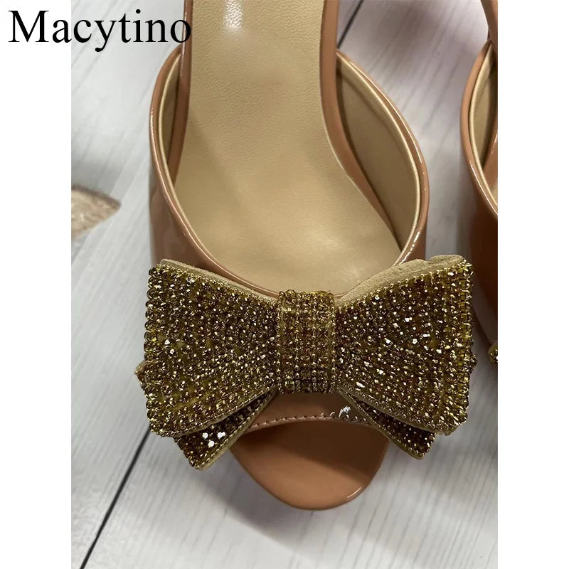 2024 Gemstone Rhinestone Bow Ladies High Heel Slippers round Toe Stiletto Fashion Party High Heel Slippers