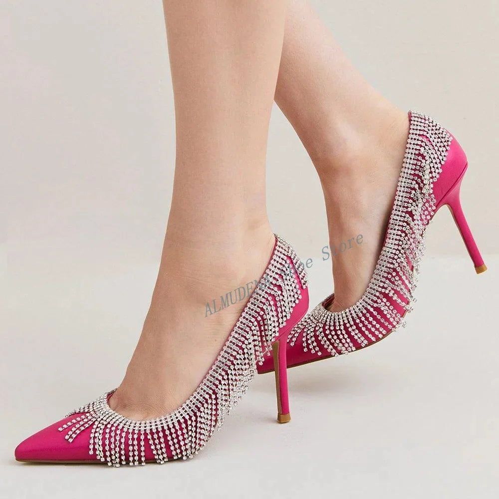 Fuchsia Tassel Pointed Toe Stiletto Heel Pumps Rhinestone Shallow Slip On Fashion 2024 Spring Women Dress Pumps Thin Heel