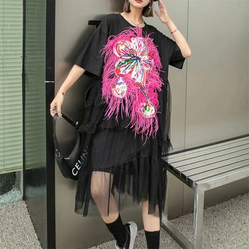 Thailand Fashion Brand Women's Summer New Dress Heavy Industry Sequins Splicing Mesh Loose Medium length T-Shirt Dress