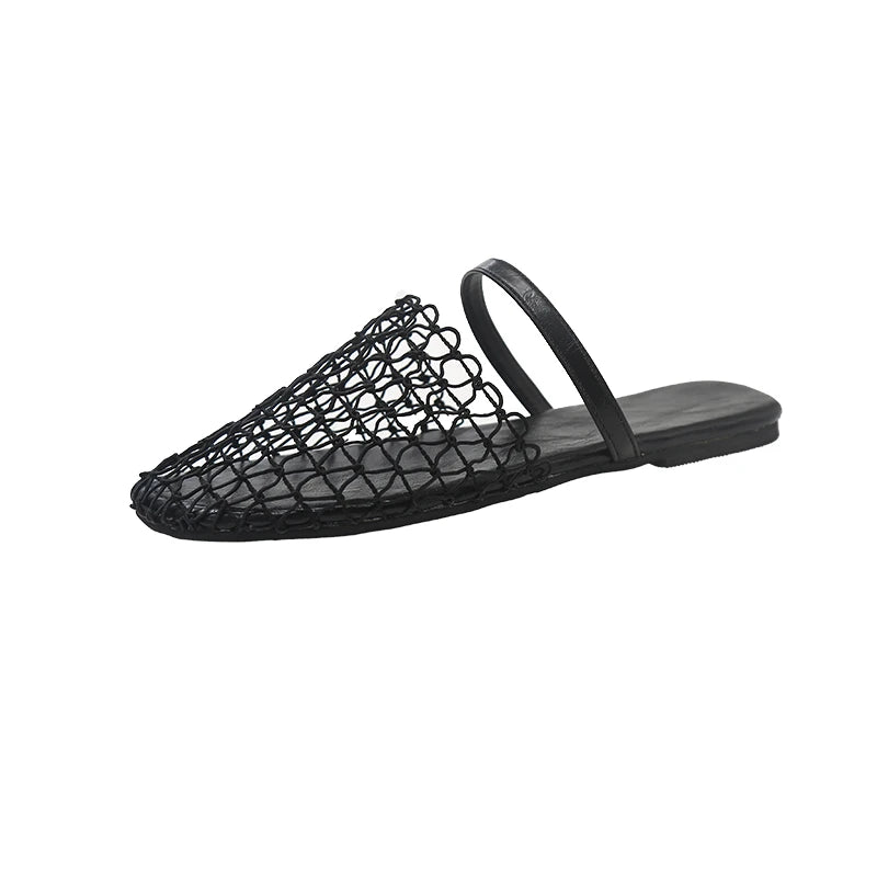 Crochet Net Mule Slippers Woman Chic Brand Design Mesh Flat Sandals Ladies Summer Elegant Hollow Out Fishnet Shoes