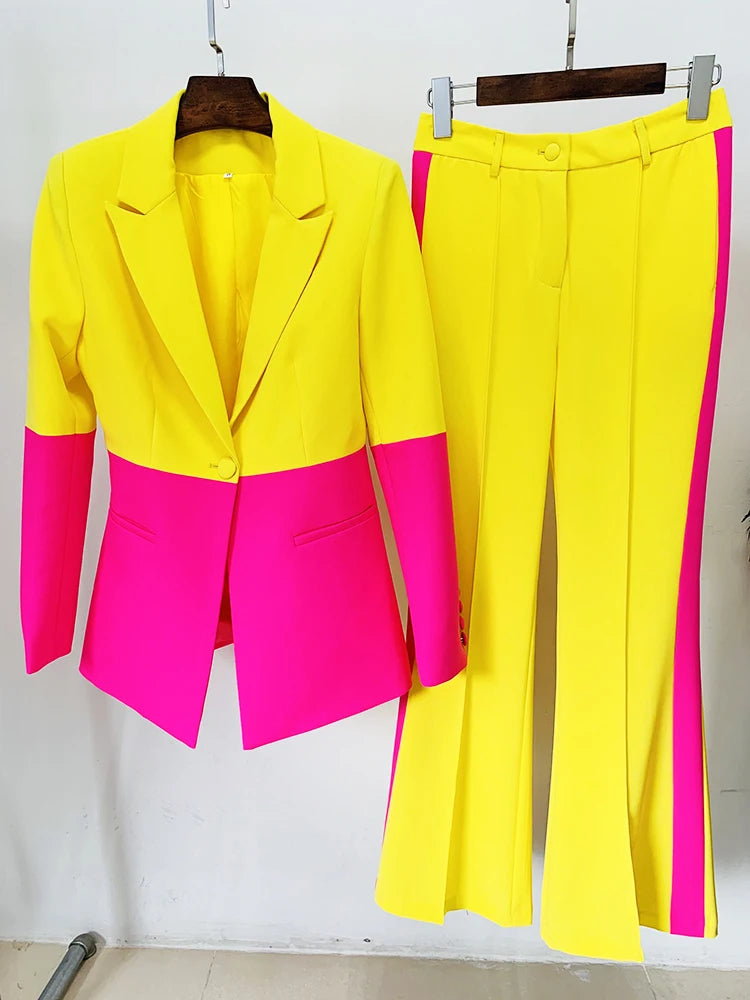 HIGH QUALITY Newest 2025 Star Style Designer Runway Suit Set Women's Single Button Color Block Blazer Flare Pants Suit