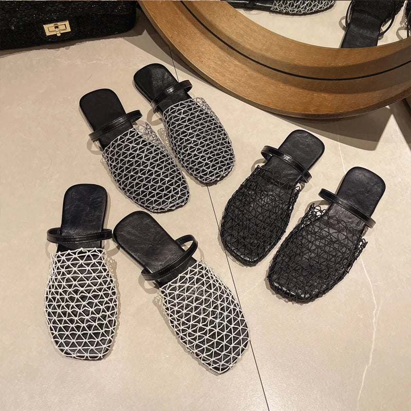 Crochet Net Mule Slippers Woman Chic Brand Design Mesh Flat Sandals Ladies Summer Elegant Hollow Out Fishnet Shoes