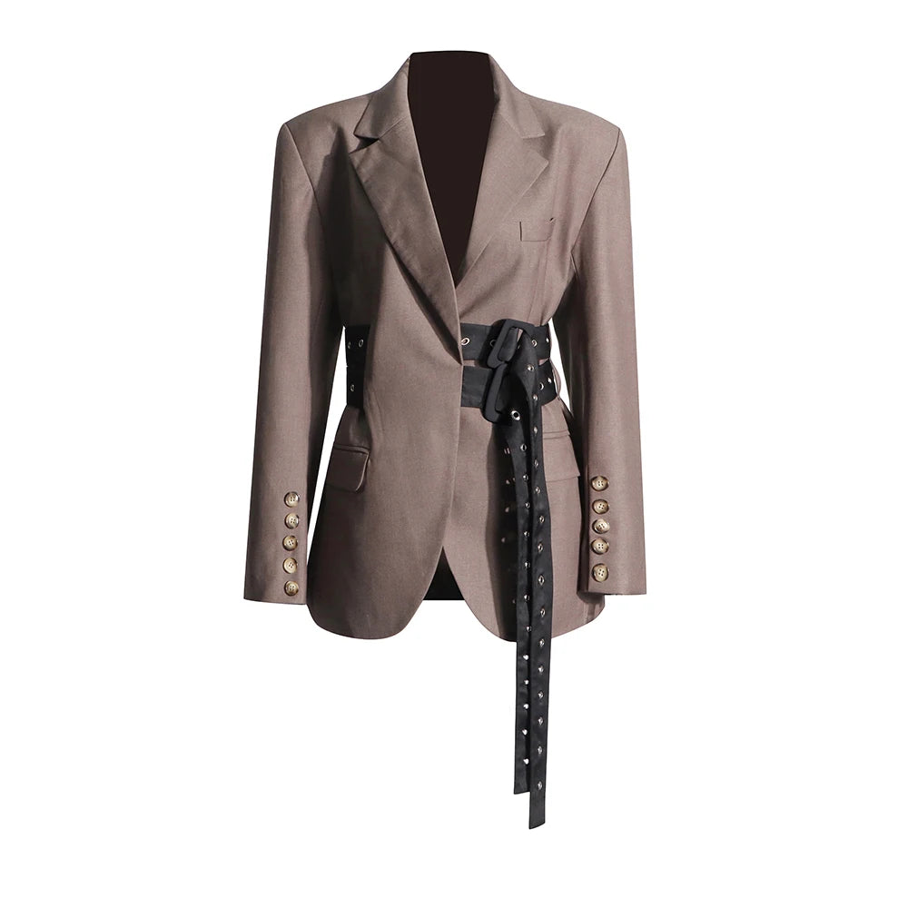 ROMISS Solid Temperament Spliced Belt Blazer For Women Notched Collar Long Sleeve Patchwork Button Elegant Blazers Female