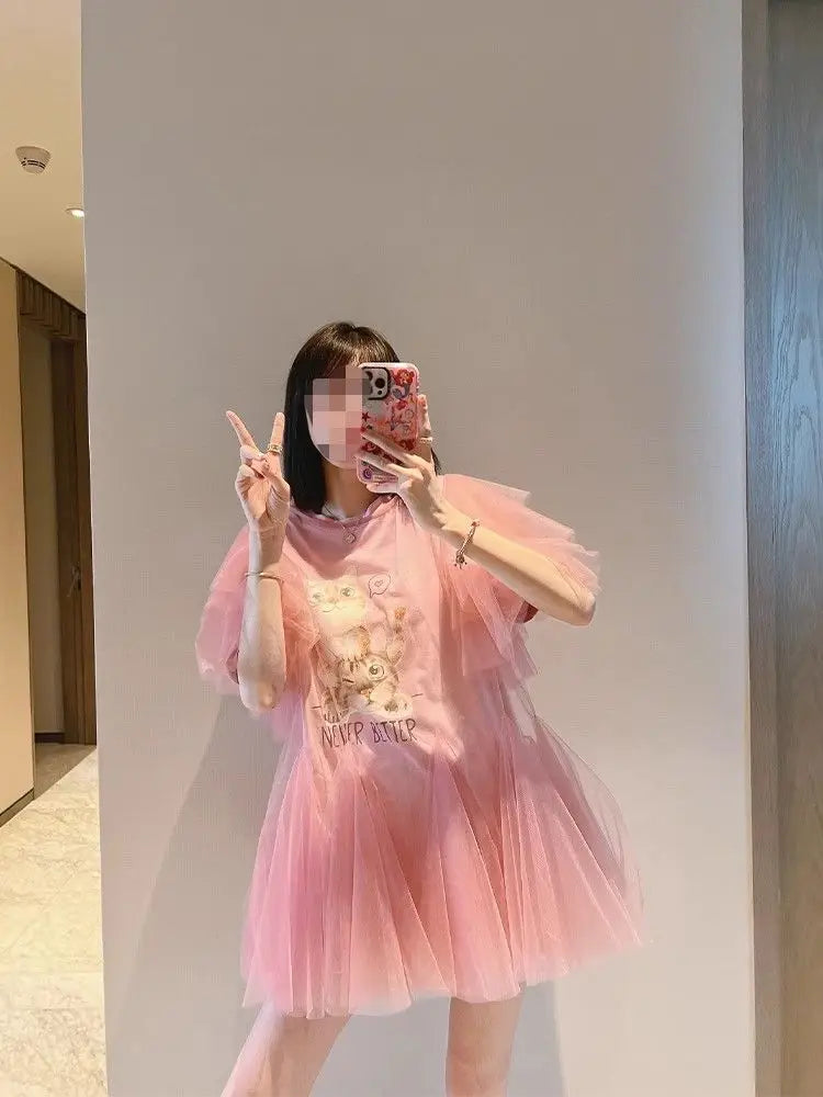 Luxury Cartoon Printed Pink Mesh Spliced Tees Dress Gauze Ruched Irregular T-shirts Dress Jumpers Short Flare Sleeve Crop Tops