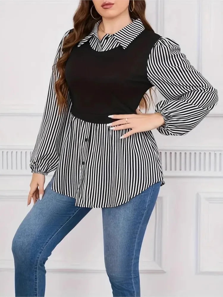 Plus Size Autumn Striped Print Patchwork Pullover Tops Women Casual Fashion Ladies Blouses Loose Long Sleeve Woman Tops