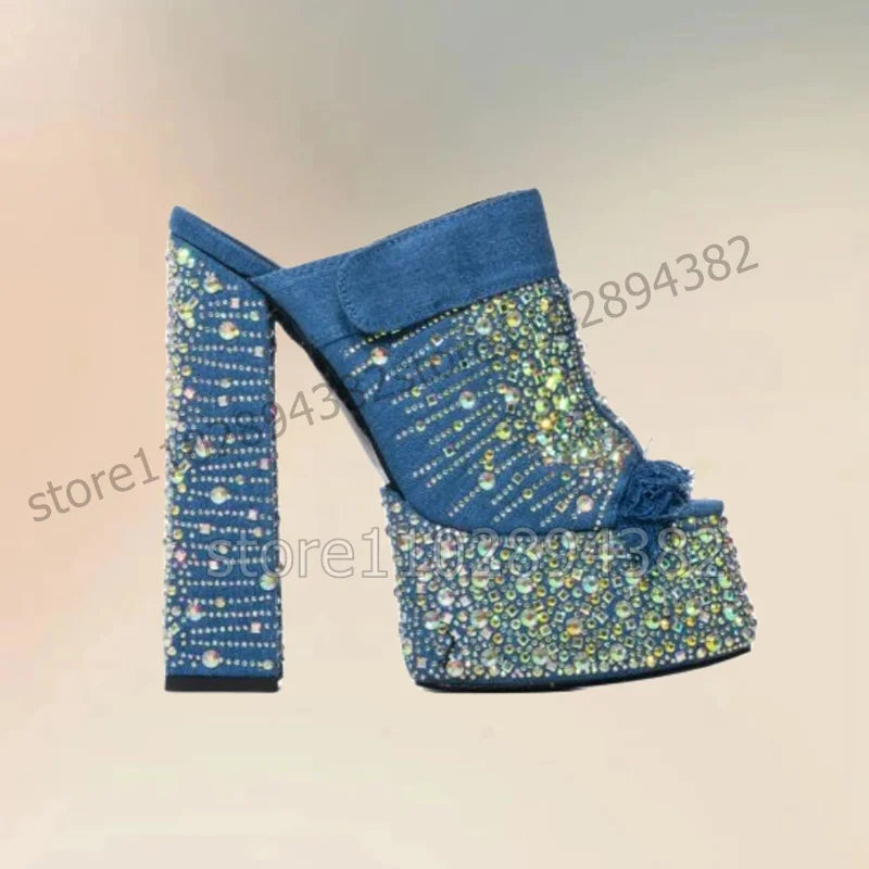 Blue Denim Ruffles Rhinestone Decor Platform Slippers Slip On Women Shoes Chunky High Heels Peep Toe 2023 Zapatos Para Mujere