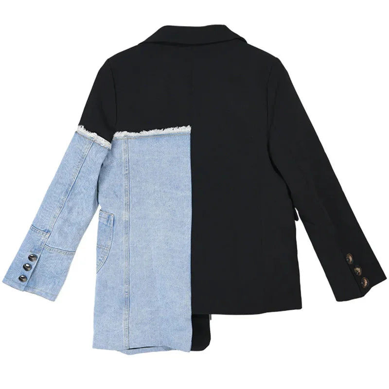 Spring 2025 Loose Blazer Stitching Denim Coat Irregular Single Breasted Color Block Jacket Female Fashion Coats 2A04505