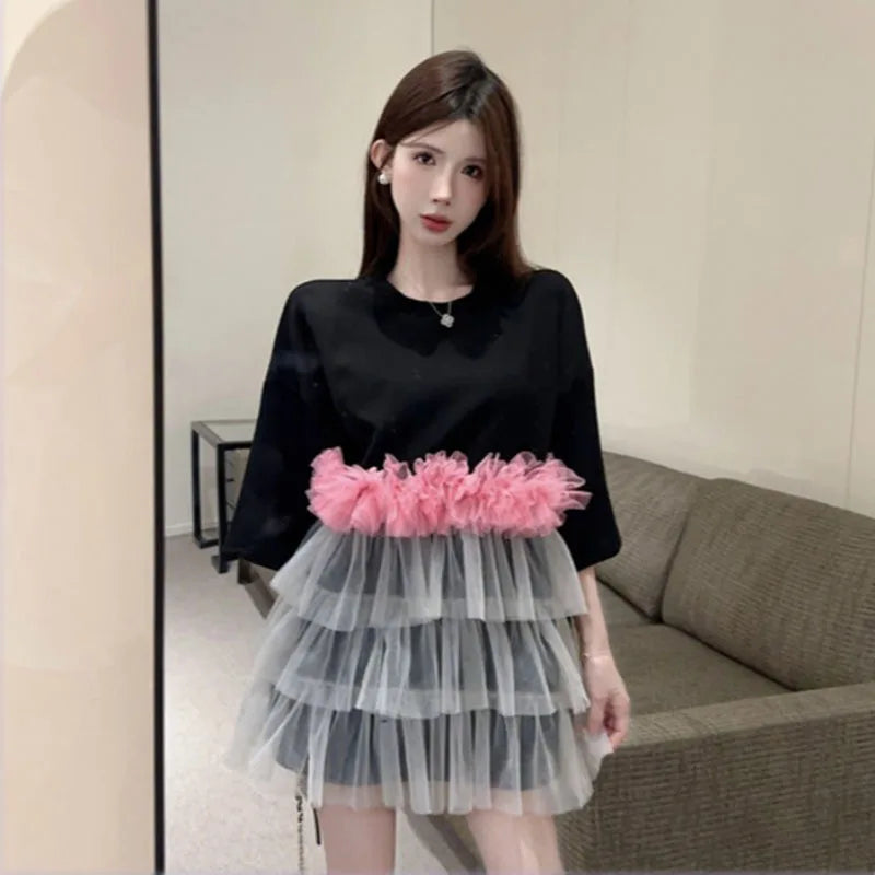 Spring Summer Women Mesh Spliced Ruffles T-shirts O-Neck Gauze Pleated Tees Mid Length Loose Contrast Color Jumpers Crop Tops