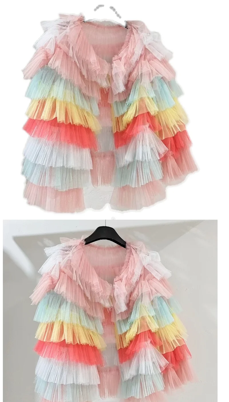 Mesh Patchwork Rainbow Ruffle Jacket – Multi-Layered Ruched Cardigan, Lightweight Spring Cardigan Trendy Stylish Layering Tiered