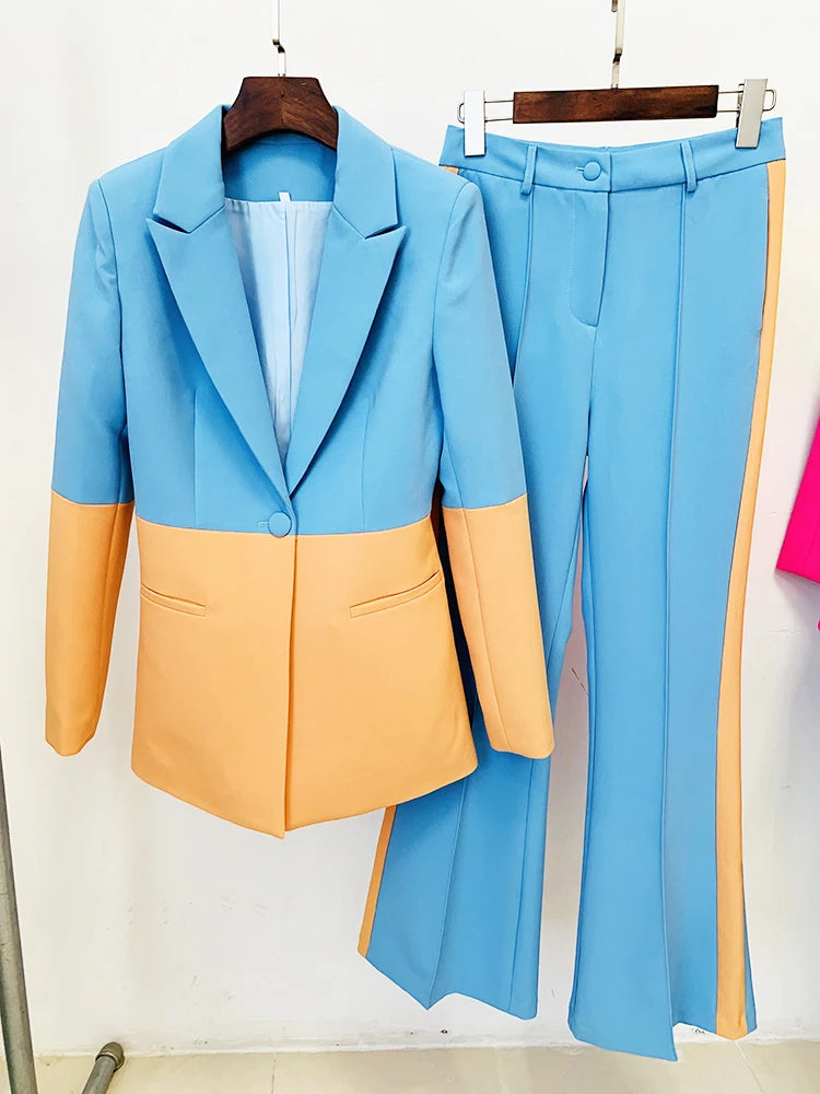 HIGH QUALITY Newest 2025 Star Style Designer Runway Suit Set Women's Single Button Color Block Blazer Flare Pants Suit