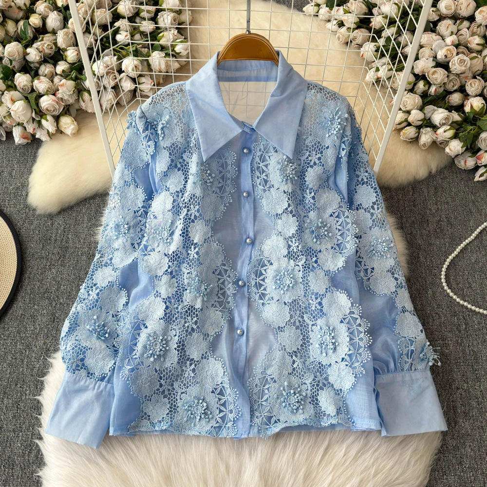 TWOTWINSTYLE Spliced Lace Chic Shirts For Women Lapel Long Sleeve Patchwork Single Breasted Minimalist Blouse Female KBL518109