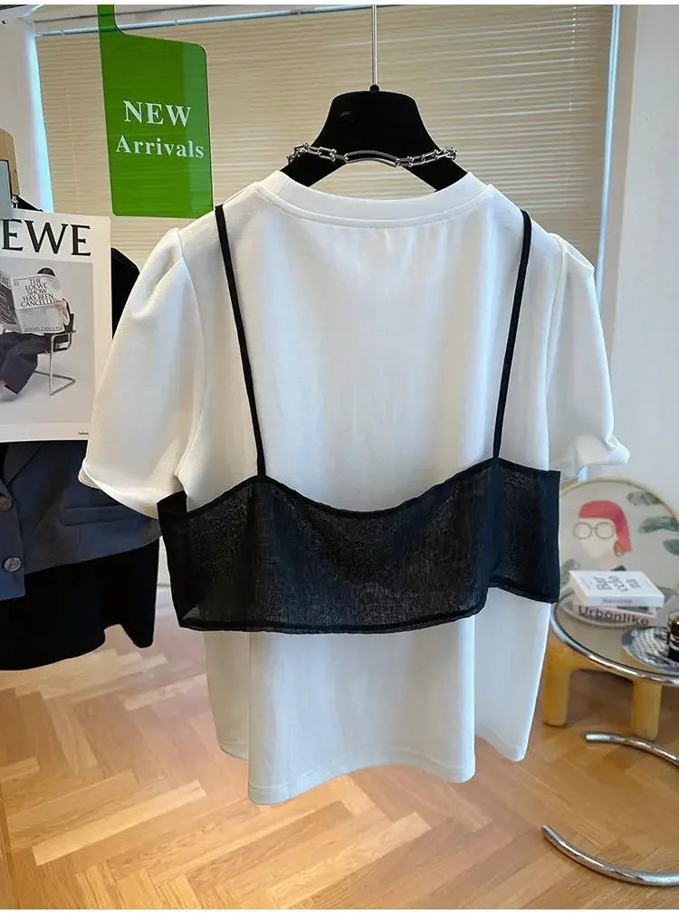 Design sense mesh suspender splicing fake two-piece T-shirt women's short sleeved fashionable Western style bubble sleeve top