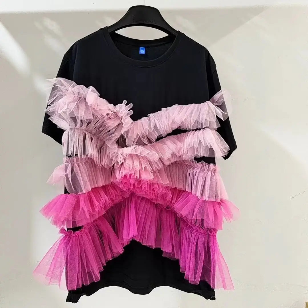 Irregular Mesh Splicing Ruffles T-shirts Loose Summer Gauze Ruched Patchwork Tees Contrast Color Short Sleeve Jumpers Crop Tops