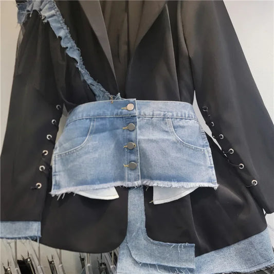 Women Irregular Hollow Out Spliced Lace Ruffles Suit Jacket Mesh Ruched Blazer Coat Cardigan Lace Up Sleeve Tops with Denim Belt