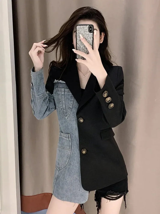 Women's Denim Patchwork Blazer Jacket