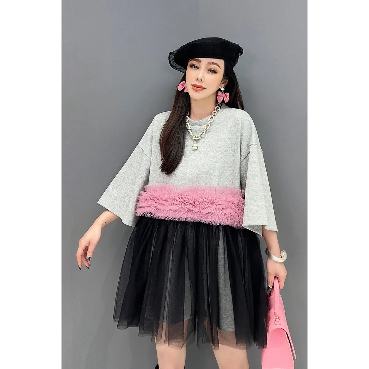 Spring Summer Women Mesh Spliced Ruffles T-shirts O-Neck Gauze Pleated Tees Mid Length Loose Contrast Color Jumpers Crop Tops