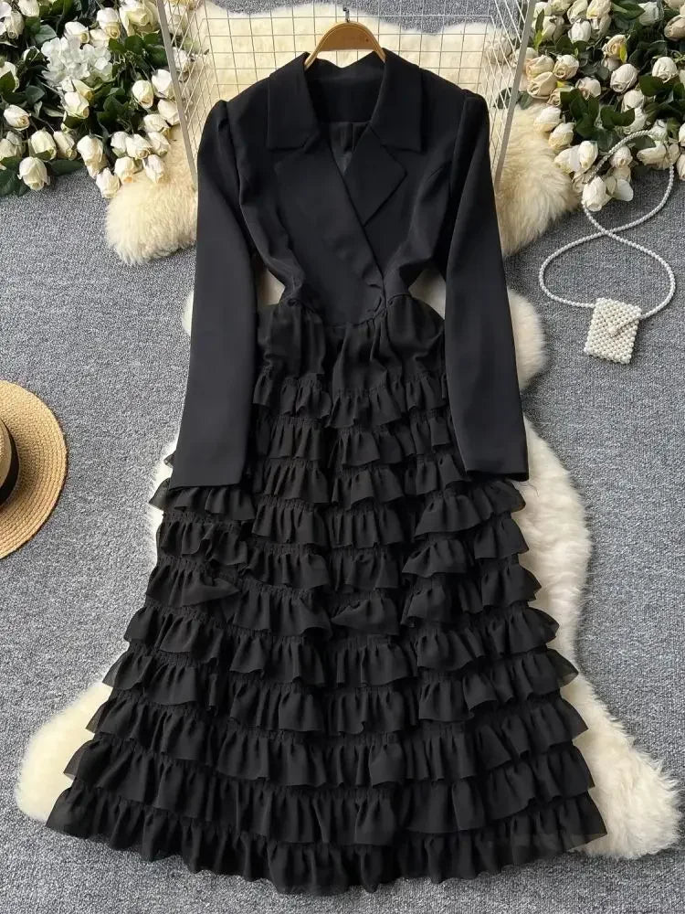 Women Vintage Evening Party Dress Spring Autumn Lapel Long Sleeve Patchwork Mesh Layered Dresses Ladies Elegant Long Robe