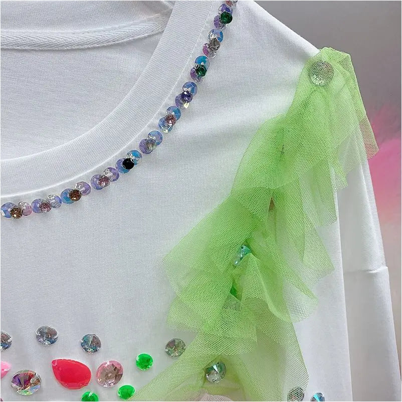 Summer Contrast Color Diamonds Beaded Mesh Spliced Ruffles T-Shirts Dress Rhinestones Gauze Patchwork Pleated A-line Tees Dress