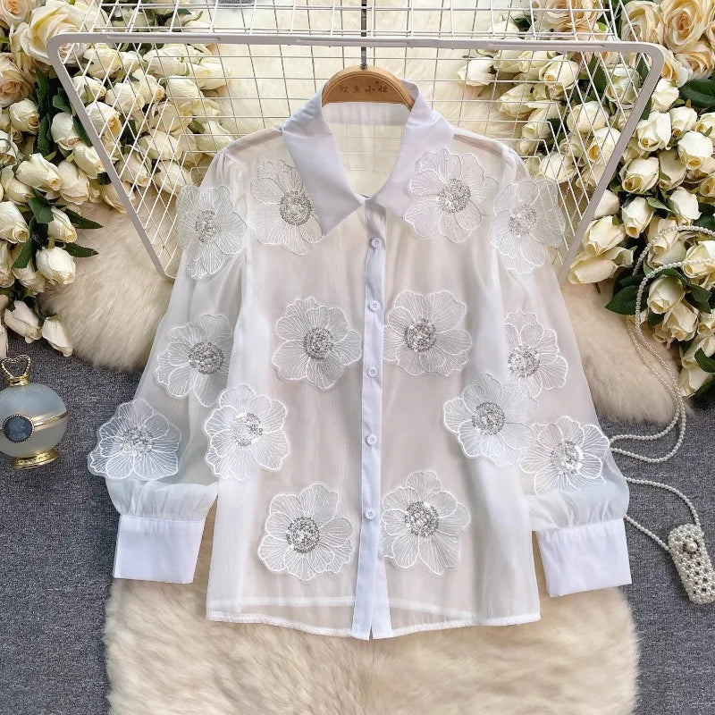 Neploe Heavy Beading Sequin 3D Flower Shirt for Women 2025 Spring New See Through Mesh Blouses Y2k Long Sleeve Blusas Mujer