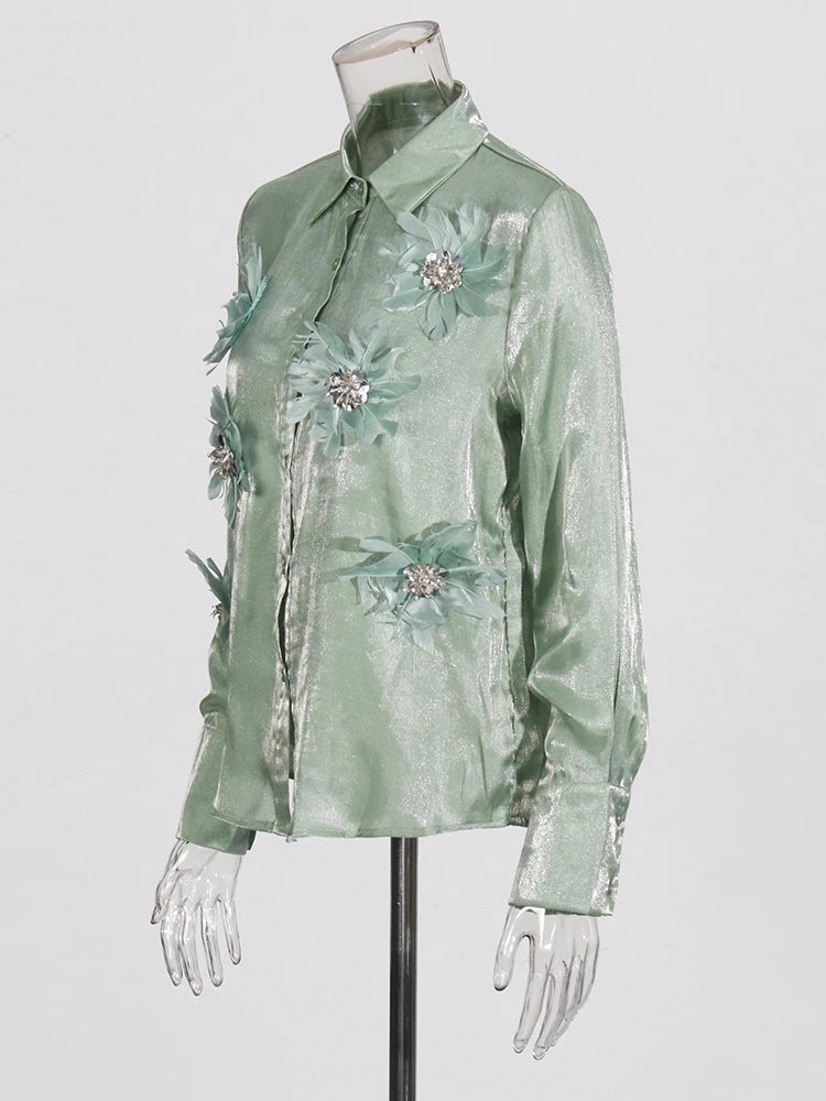 Elegant Sheer Floral Embellished Button-Up Blouse